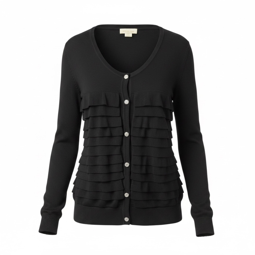 Michael Kors Tiered Ruffle Jeweled Button Cardigan Sweater